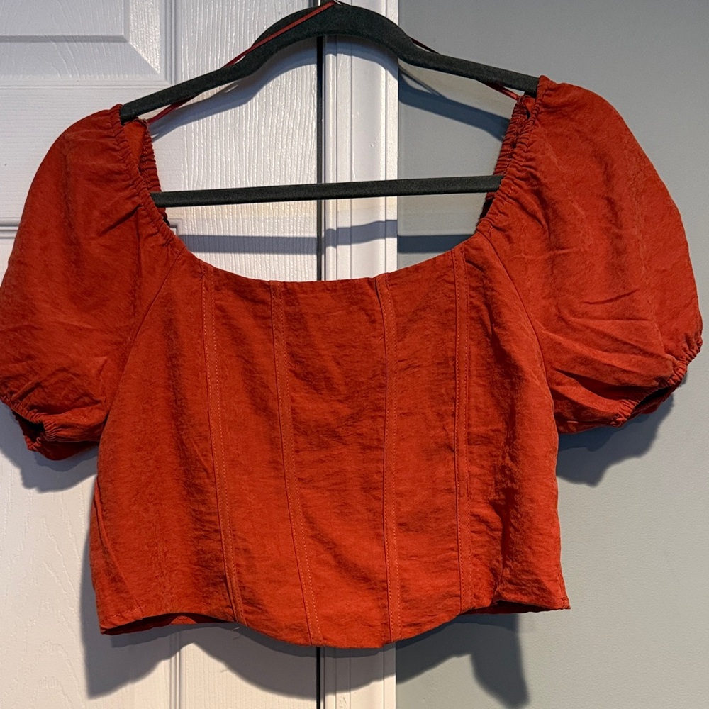 Elegant Rust Puff Sleeve Crop Top